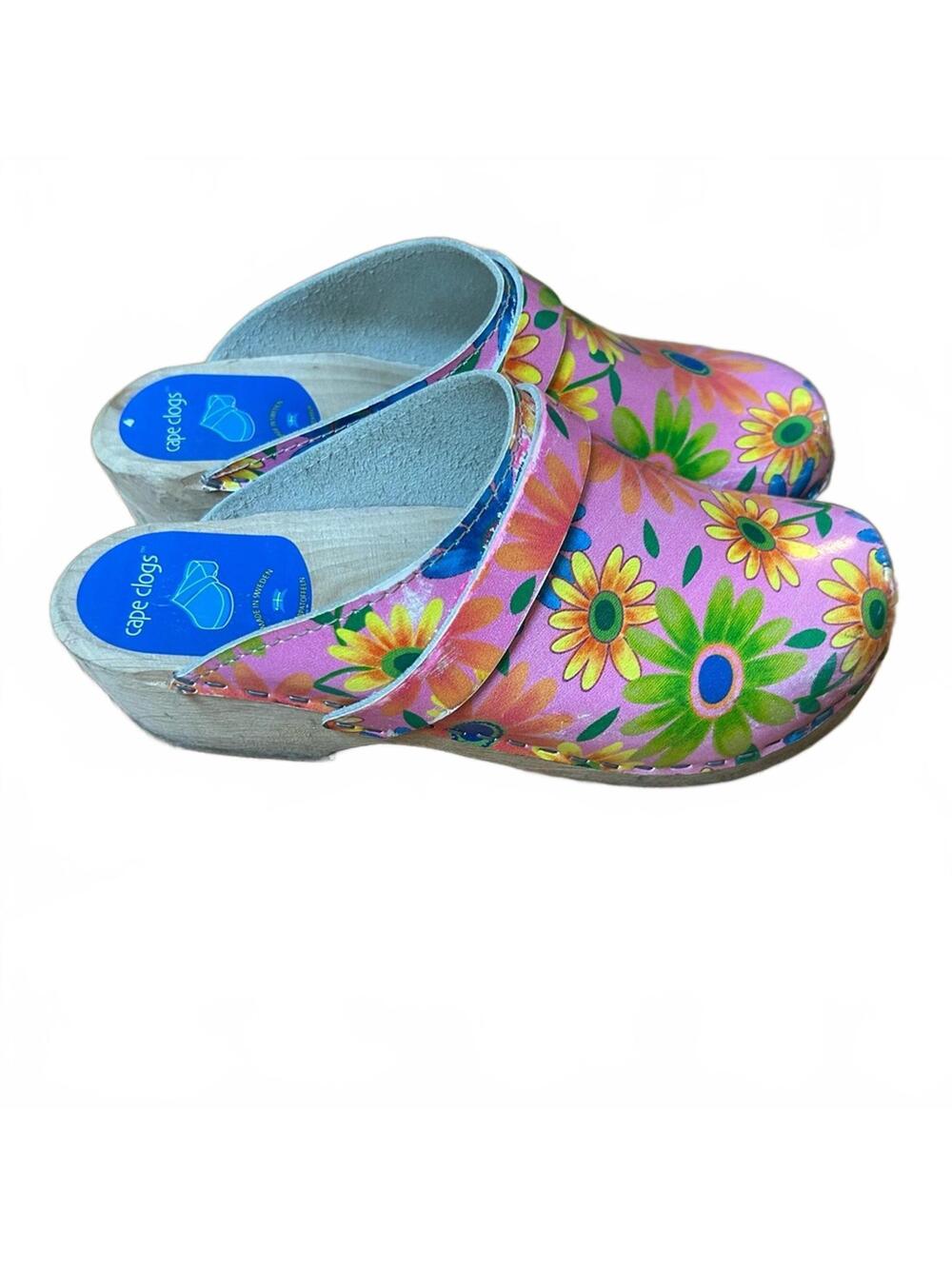 Cape Clogs Made in Sweden Wood/Leather PINK Floral Clogs |  Size EU 37 US 6.5-7